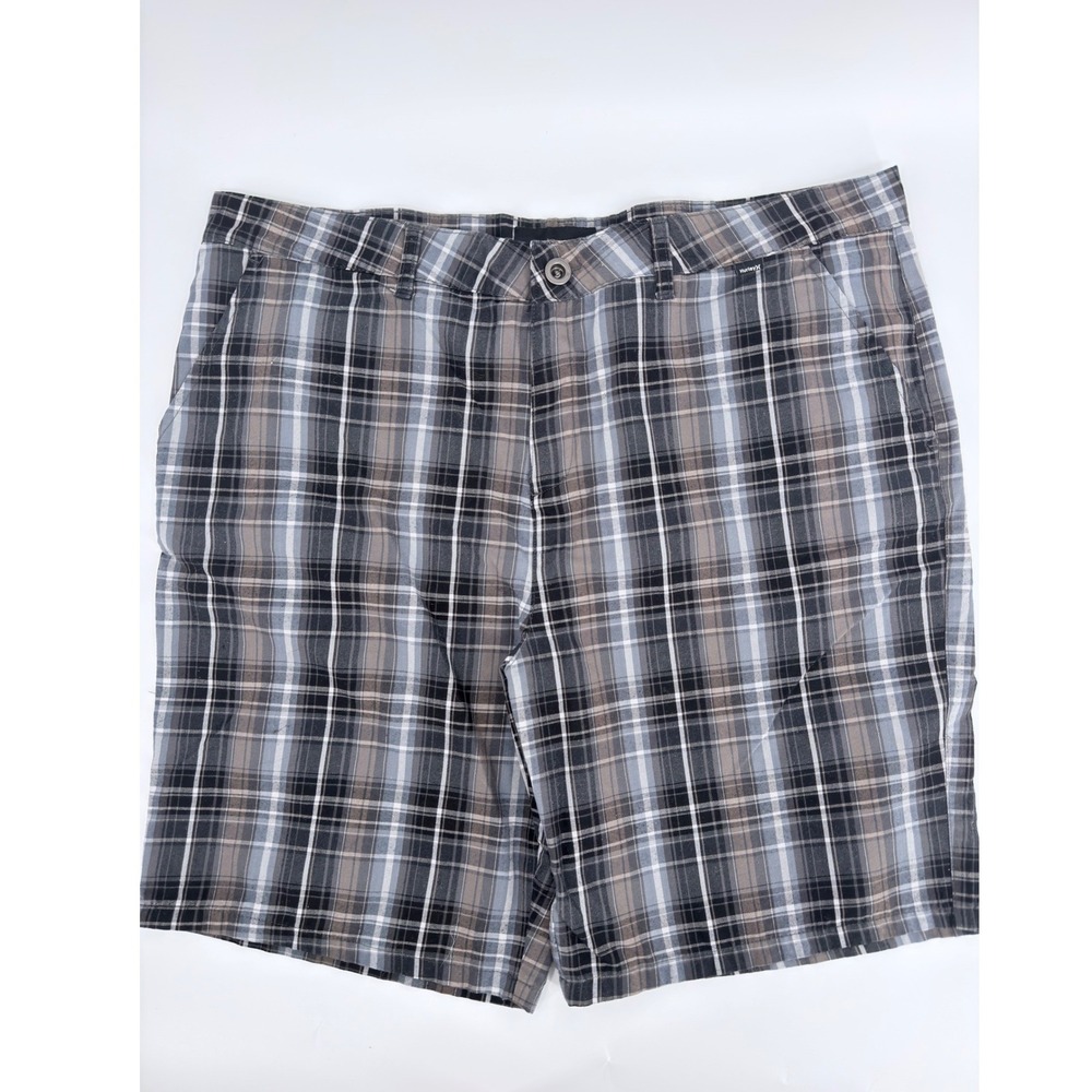 Hurley Plaid Shorts Flat Front 2010s Era Mens Size 36 Black Grey White MW606RES